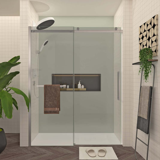 Tatayosi S-RM6076TN 56-60 inch W x 76 inch H Sliding Shower Door Frameless Glass Shower Door with Brushed Nickel Hardware Towel Bar and Handle Drop Shipping available