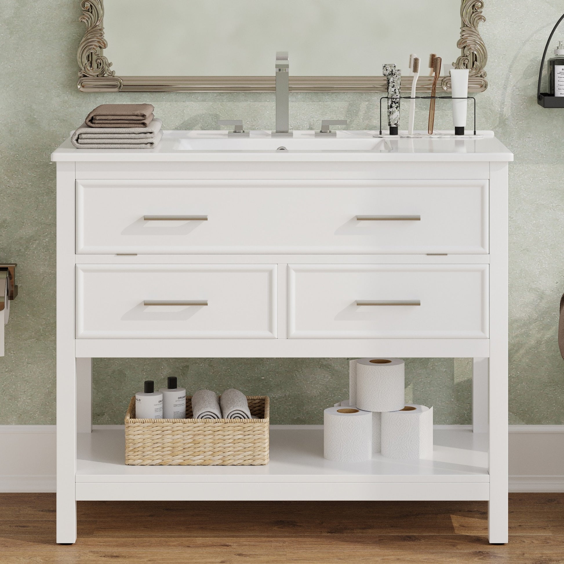 Dexmalle  36-in White Modern Freestanding Single Sink Bathroom Vanity with White Ceramic Top