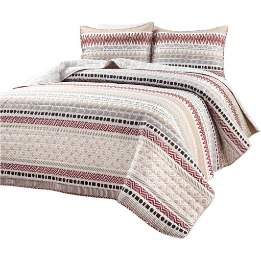 Slickblue Reversible 3-Piece Red Chevron Stripe Full/Queen Quilt Set â€“ Soft Cotton Lightweight Summer Bedding - Perfect for Guest or Master Bedroom