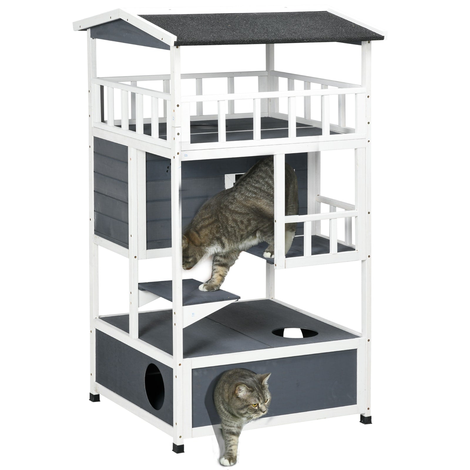 LOVMOR Wooden Outdoor Cat House Feral Cat Shelter Kitten Tree with Asphalt Roof Escape Doors Condo Jumping Platform Grey