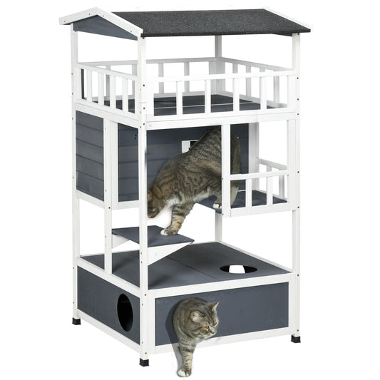 LOVMOR Wooden Outdoor Cat House Feral Cat Shelter Kitten Tree with Asphalt Roof Escape Doors Condo Jumping Platform Grey