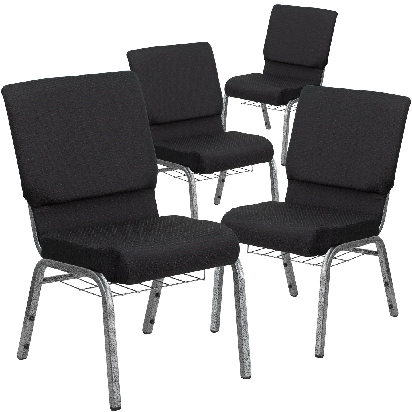 Flash Furniture 4 Pk. HERCULES Series 18.5-in W Church Chair in Black Patterned Fabric with Cup Book Rack - Silver Vein Frame