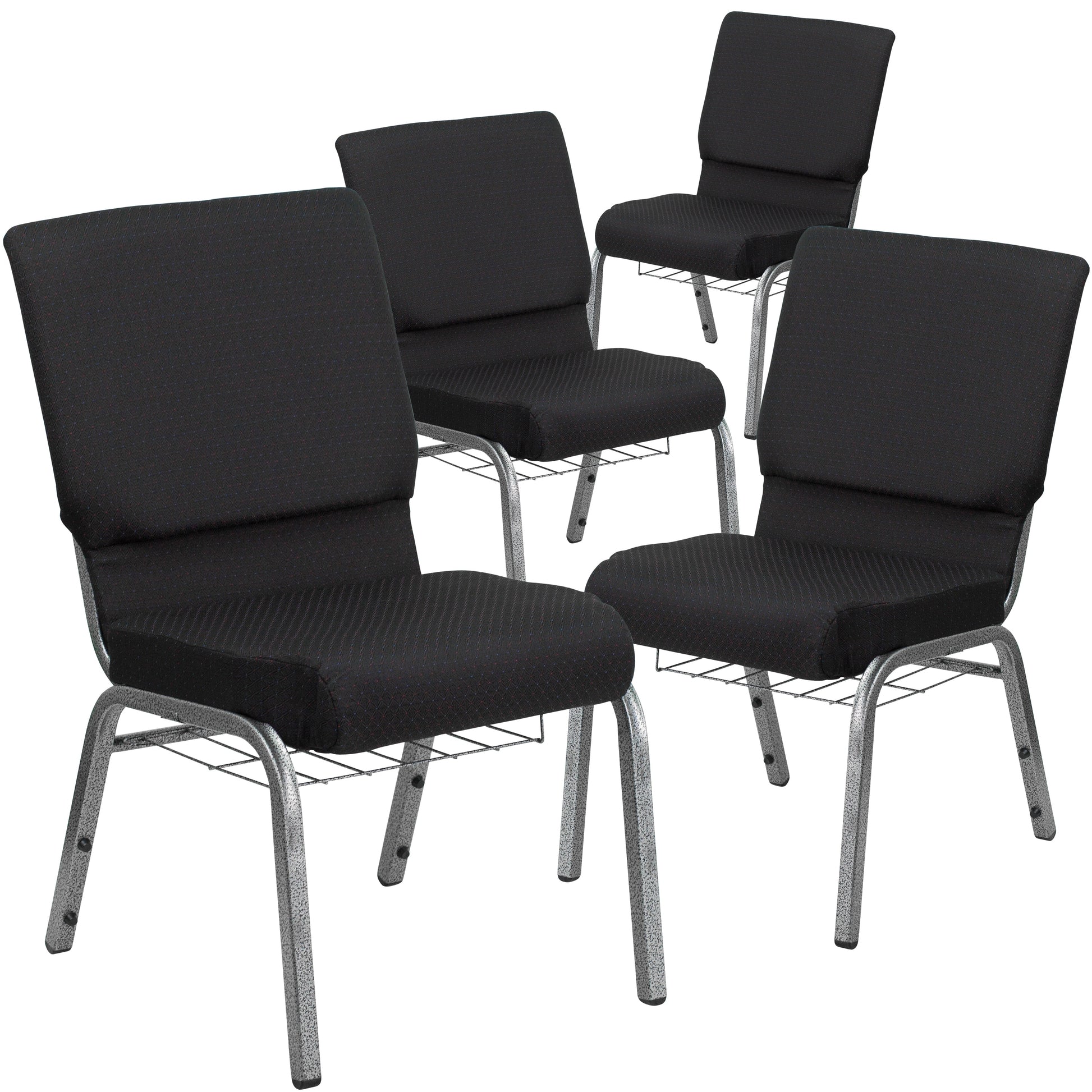 Flash Furniture 4 Pk. HERCULES Series 18.5-in W Church Chair in Black Patterned Fabric with Cup Book Rack - Silver Vein Frame