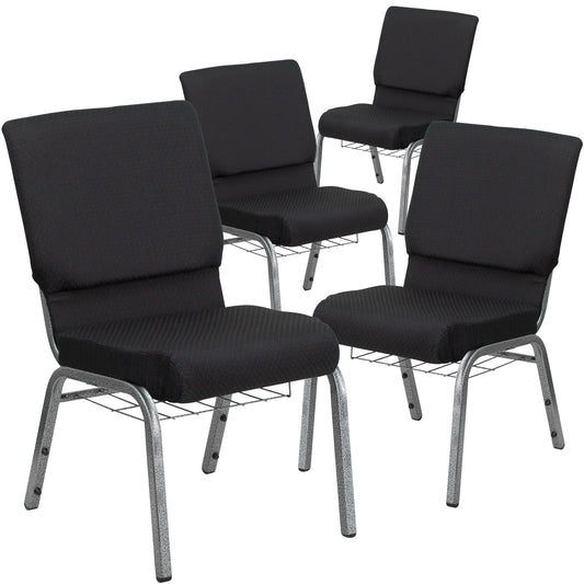 Flash Furniture 4 Pk. HERCULES Series 18.5-in W Church Chair in Black Patterned Fabric with Cup Book Rack - Silver Vein Frame