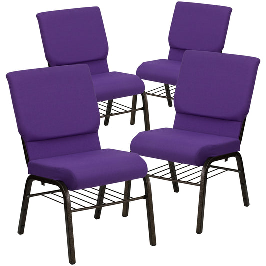 Emma + Oliver 4 Pack 18.5-in W Church Chair in Purple Fabric with Book Rack - Gold Vein Frame