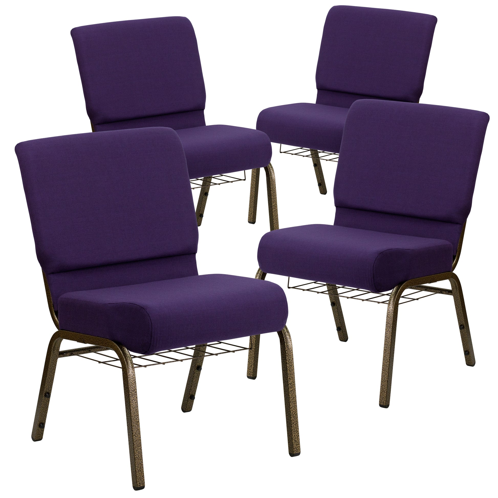 Flash Furniture 4 Pack HERCULES Series 21-in W Church Chair in Royal Purple Fabric with Cup Book Rack - Gold Vein Frame