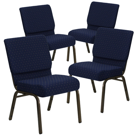 Emma + Oliver 4 Pack 21-in W Stacking Church Chair in Navy Blue Dot Pattern Fabric - Gold Vein Frame