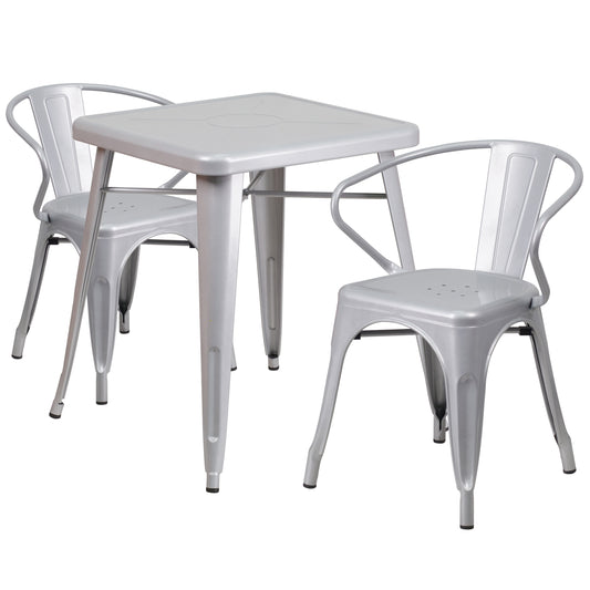 Flash Furniture Owen Commercial Grade 23.75-in Square Silver Metal Indoor-Outdoor Table Set with 2 Arm Chairs