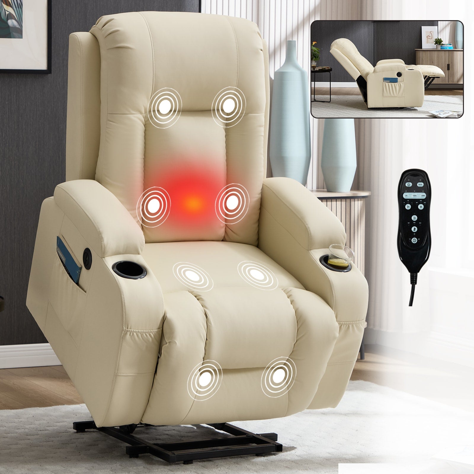 Tatayosi Beige PU Power Lift Recliner Chair with Massage Heat USB Port and Cup Holders Heavy Duty 350 lbs Capacity High Back Recliner for Elderly