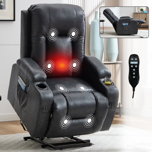 Tatayosi Dark Grey PU Power Lift Recliner Chair with Massage Heat USB Port and Cup Holders Heavy Duty 350 lbs Capacity High Back Recliner for Elderly