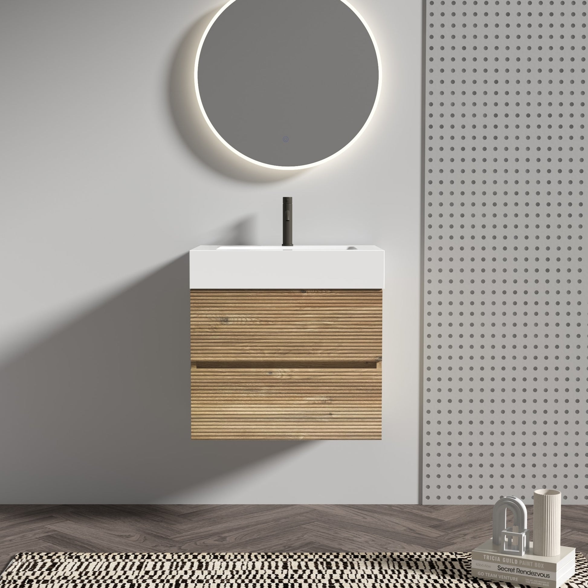 GDFStudio Grace 24-inch Modern Floating Bathroom Vanity with White Quartz Sink and Soft-close Drawers - Rough Oak Finish