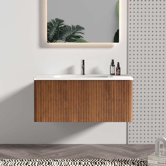GDFStudio Etna 36-inch Modern Floating Bathroom Vanity with White Ceramic Sink - Striped Walnut Finish