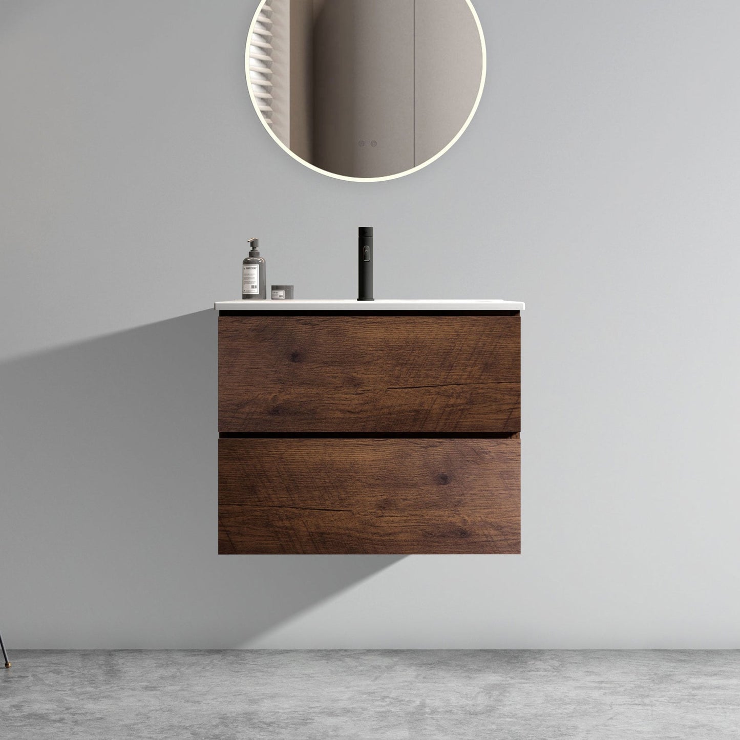 GDFStudio 24-inch Modern Wall-Mounted Floating Bathroom Vanity with Ceramic Sink and Single Faucet Hole (WITHOUT Drain and Faucet) - Walnut Finish