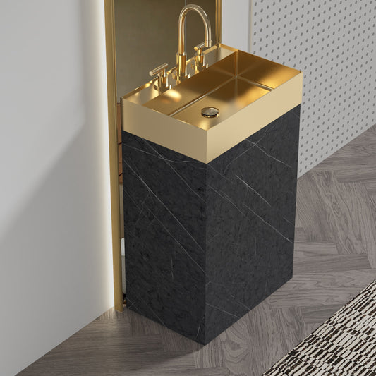GDFStudio Roca 20-inch Modern Freestanding Bathroom Vanity with Integrated Brushed Gold Sink - Black Marble