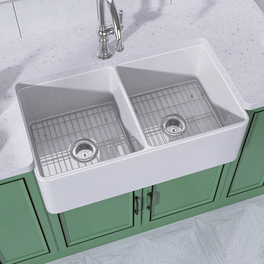 Forclover Farmhouse apron front 33-in x 18-in Fireclay Double equal bowl Kitchen Sink