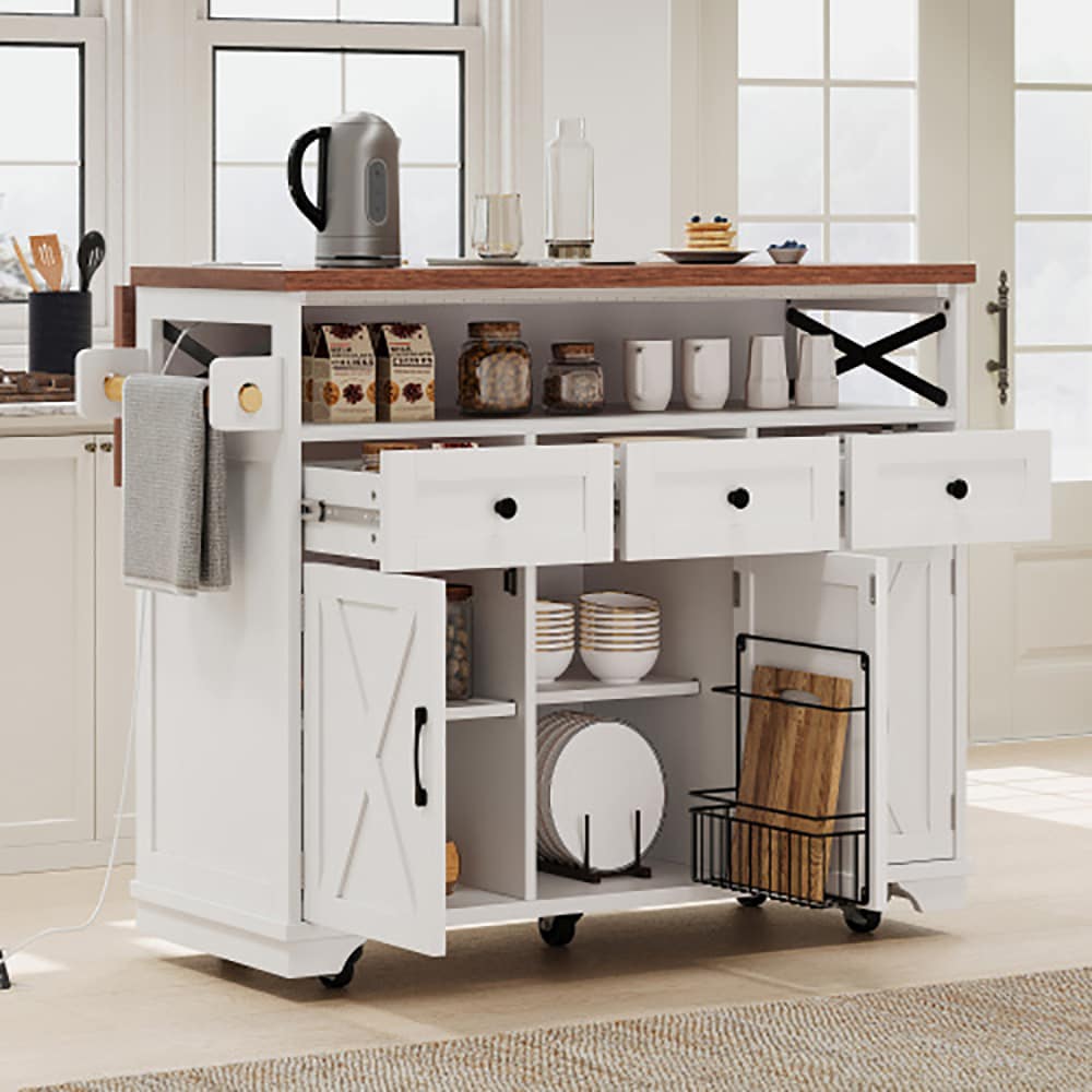 Runesay White Wood Base with MDF Wood Top Rolling Kitchen Island ( 29.5-in x 54-in x 37.75-in )