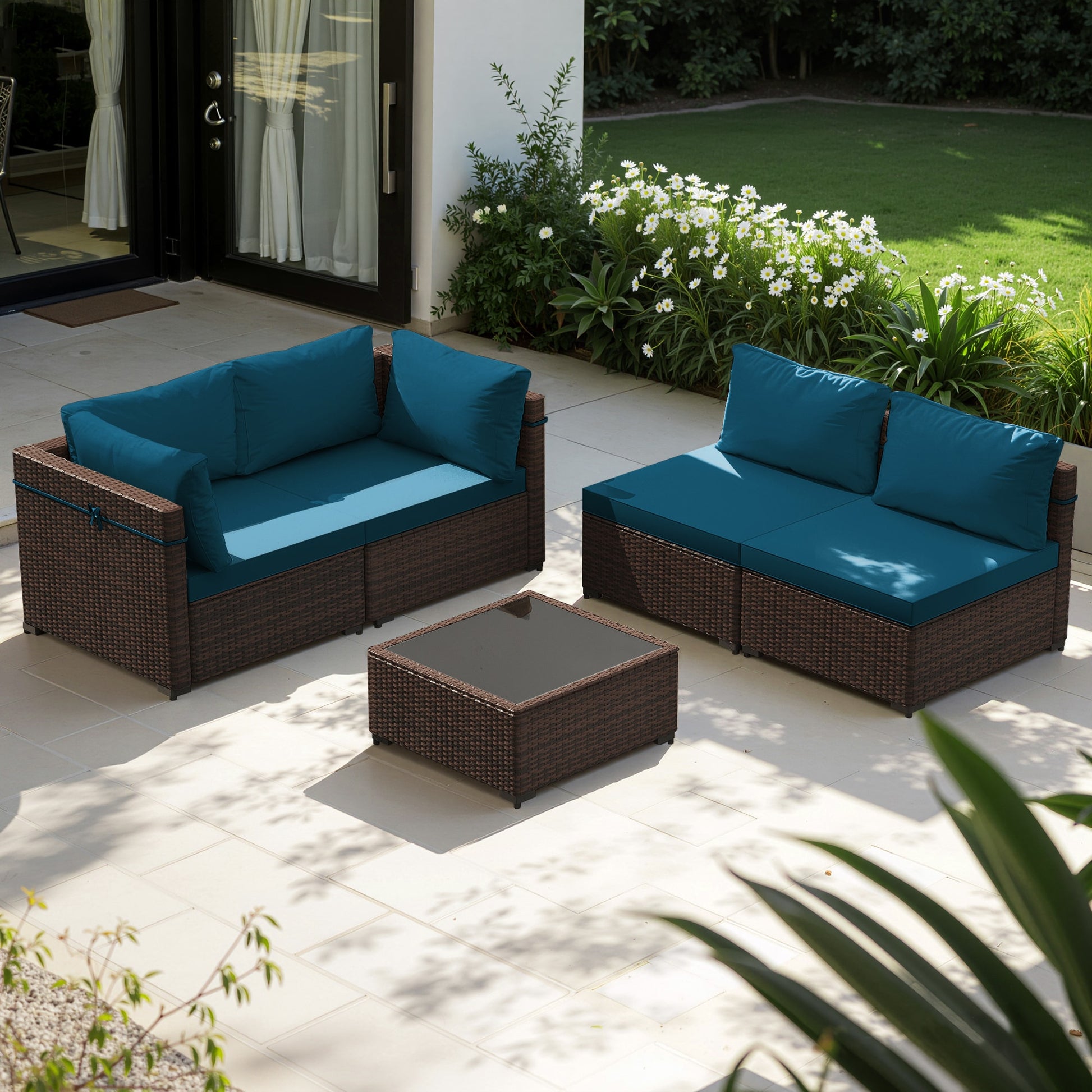 Patio Watcher 5 -Piece Wicker Patio Conversation Set with Blue Cushions
