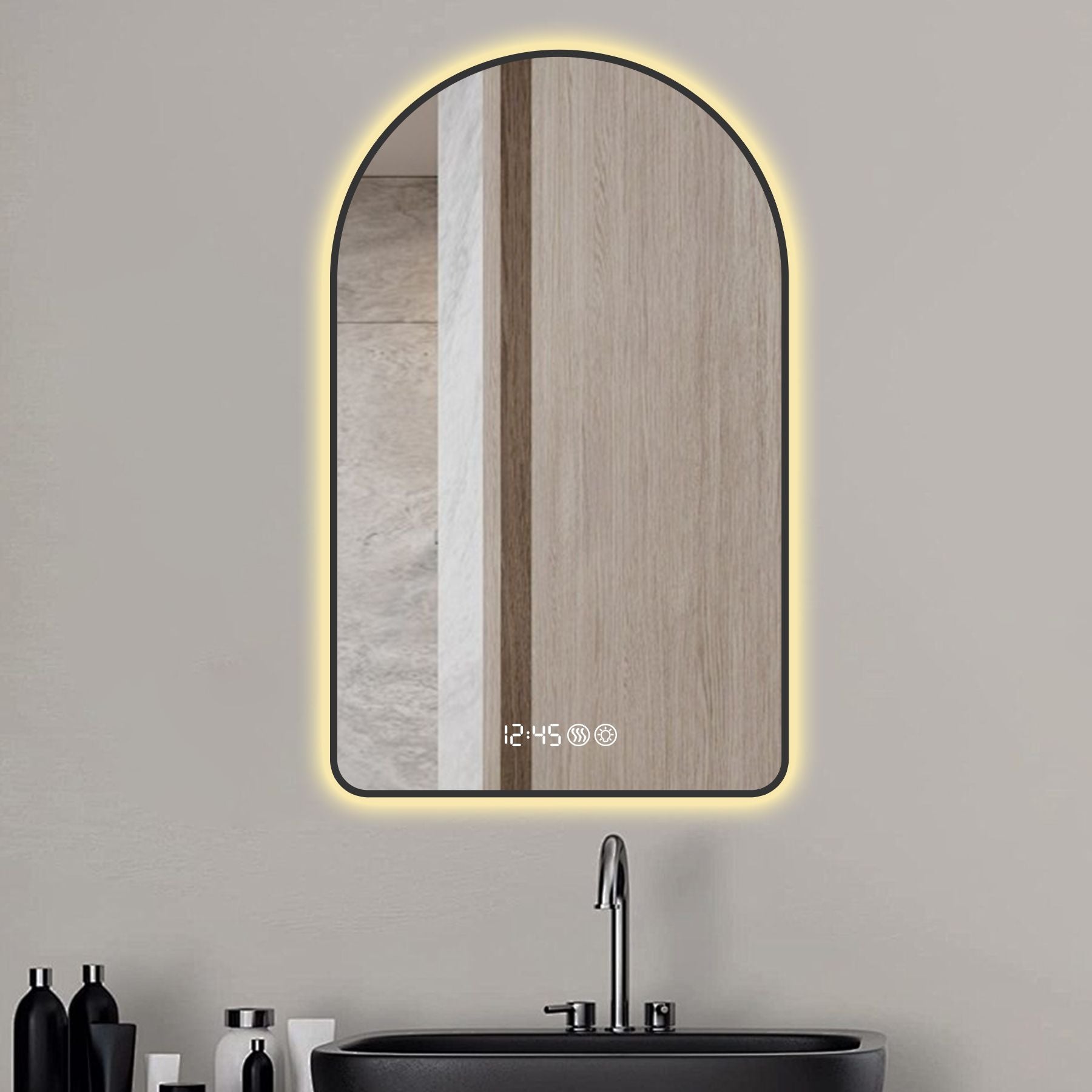 Blisstyle Promir 28-in W x 48-in H Arch Black Framed Lighted Wall Mirror
