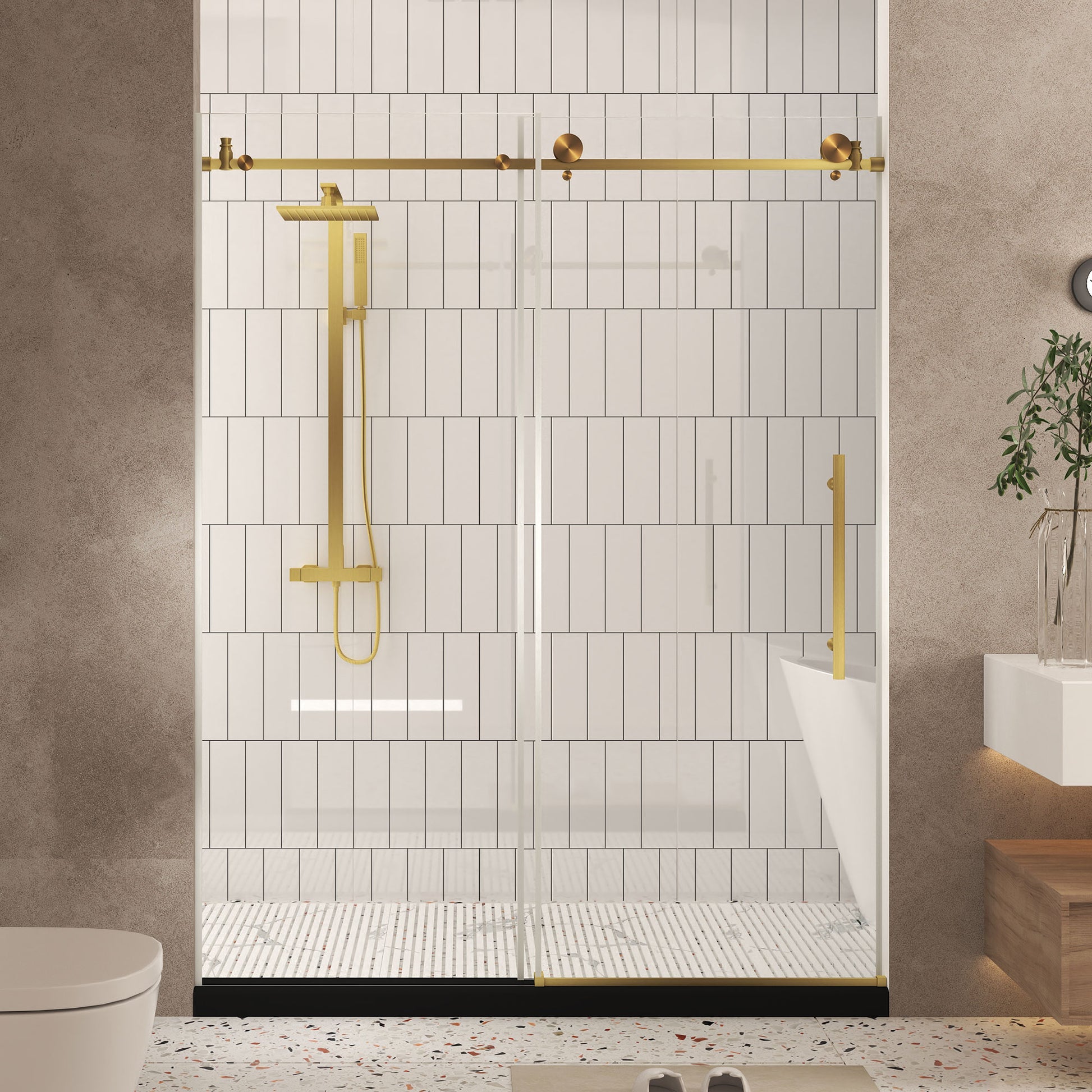 LIVIZA Single Sliding Shower Door Brushed Gold 56-in to 60-in W x 76-in H Frameless Clear Glass Sliding Shower door