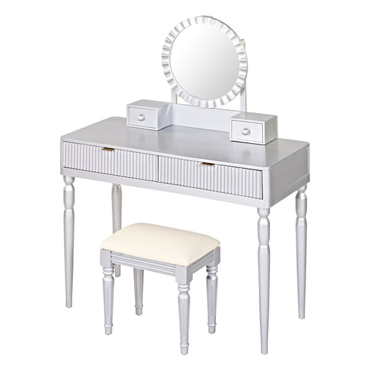 Tatayosi Silver Sunflower Mirror Vanity Desk with Height Adjustable Feature and Four Drawers Dressing Table Set with Cushioned Stool