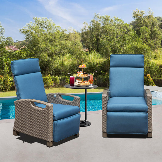 GDFStudio Outdoor Push-Back Recliner Chair with Hand-Woven Wicker and Thick Cushions â€“ Navy Blue
