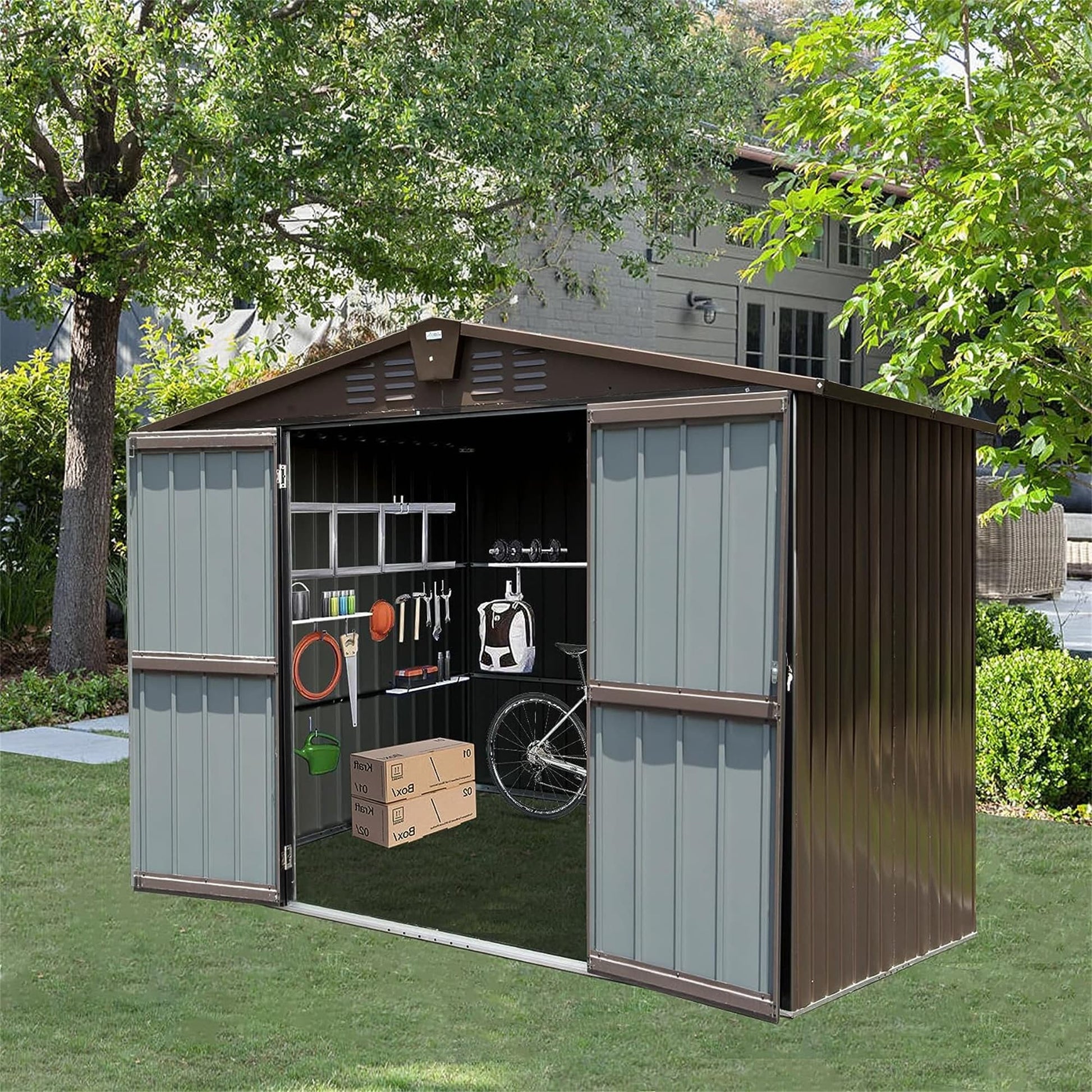 GDFStudio Outdoor Storage Shed 10x8ft Metal Tool Shed Double Lockable Doors-Brown