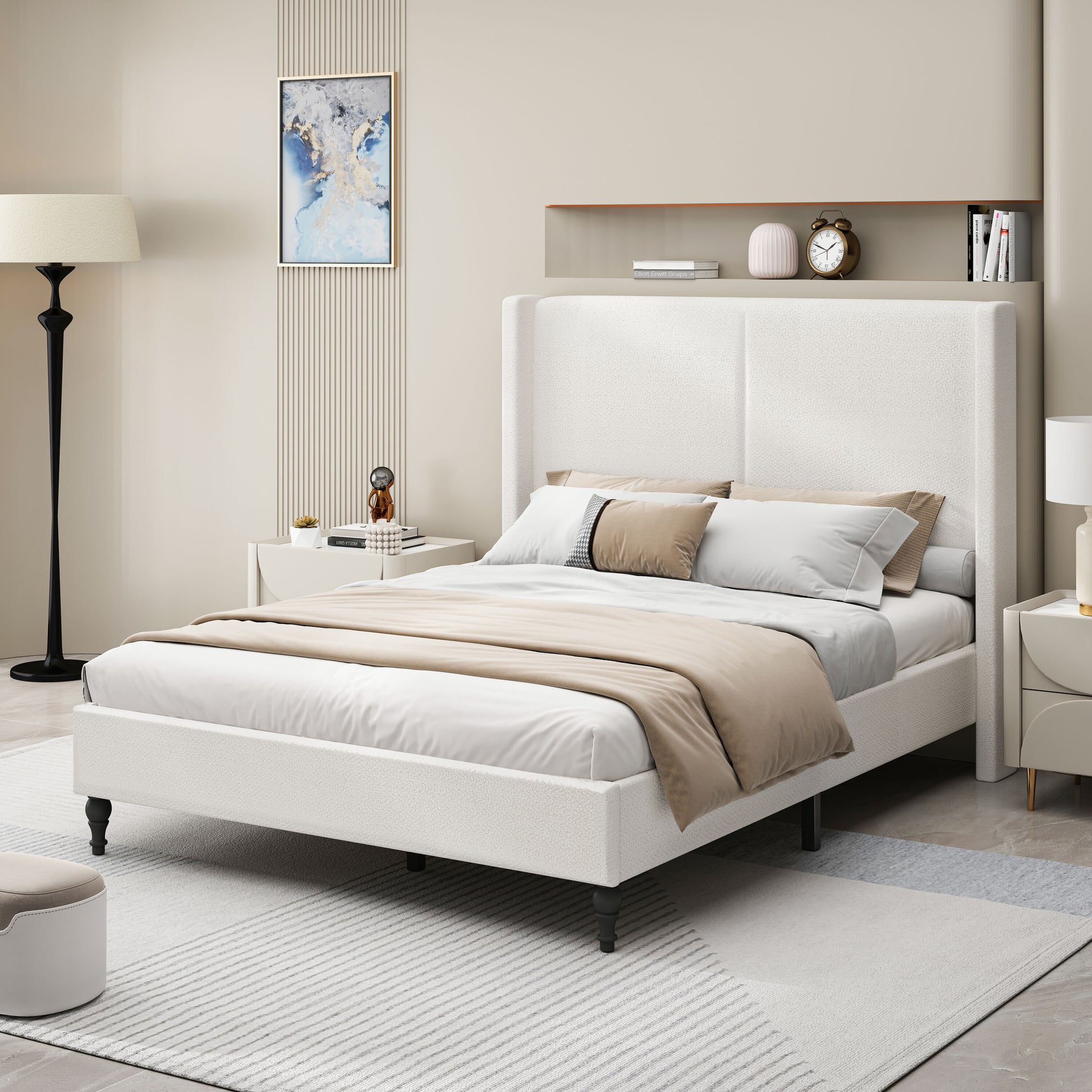 GDFStudio White Queen Size Bed Frame with 55.5 inches High Back Upholstered Headboard with 12 Slat Support and Thickened Side Panels