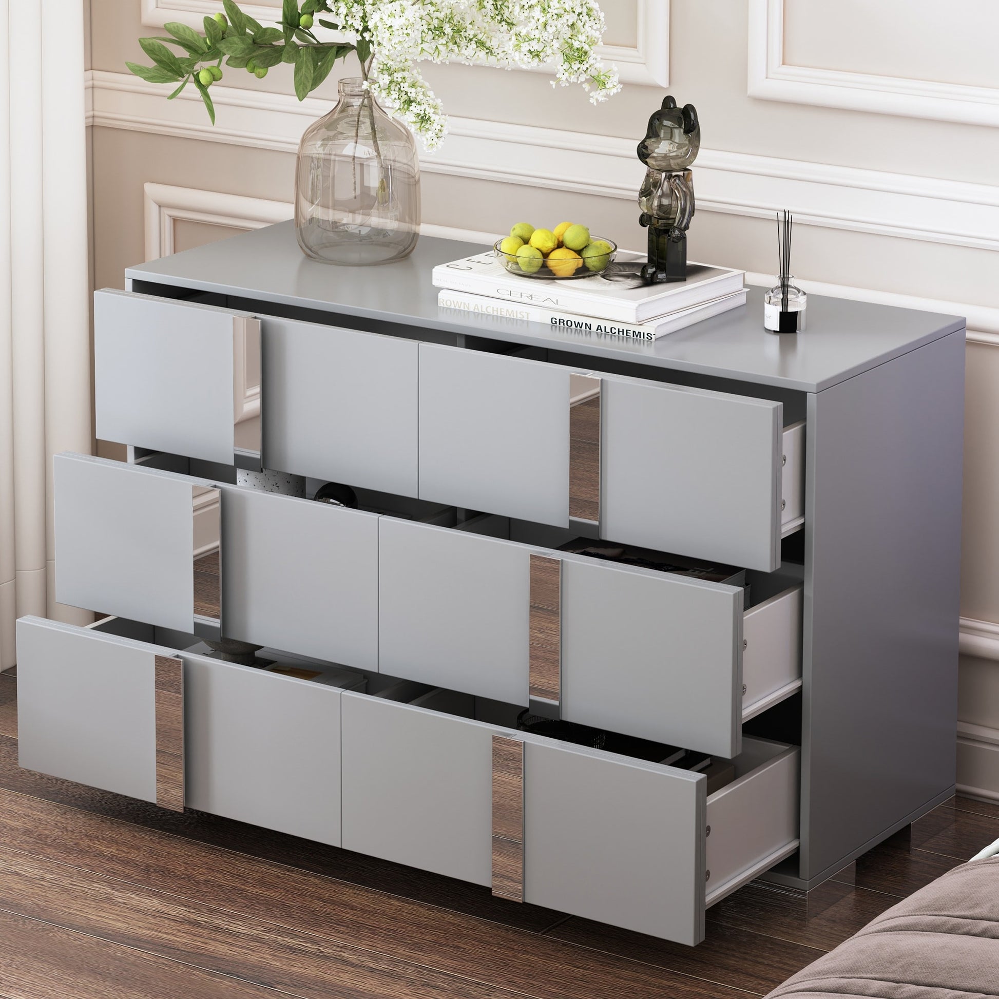 Dexmalle  Gray Elegant Modern Dresser with 6 Drawers and Metal Foot