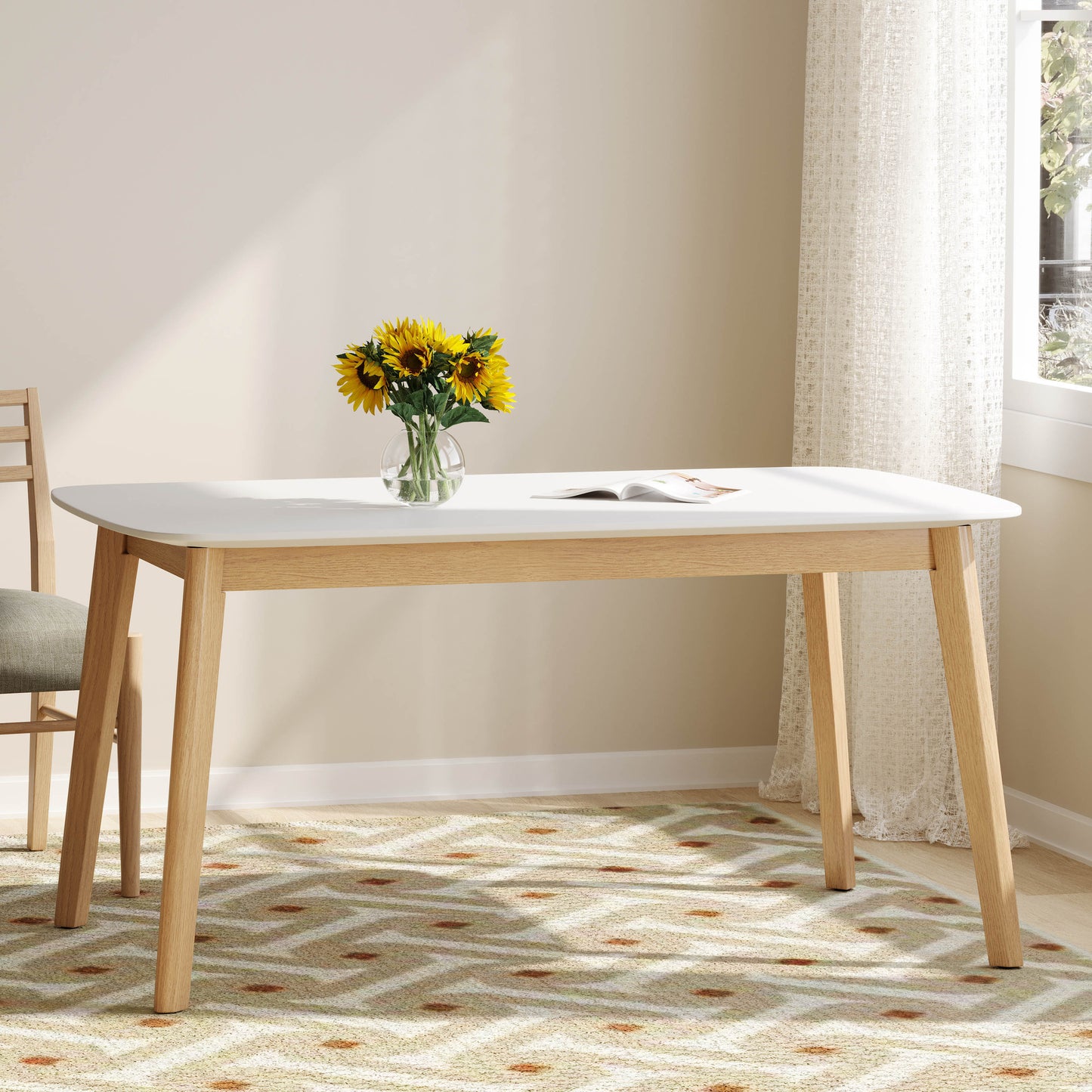 Dexmalle  Mid Century Rectangle Dining Table with Curvd Edge White Top