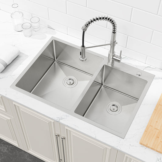 Forclover Undermount 32-in x 19-in Stainless steel Double offset bowl 20 -Gauge Kitchen Sink