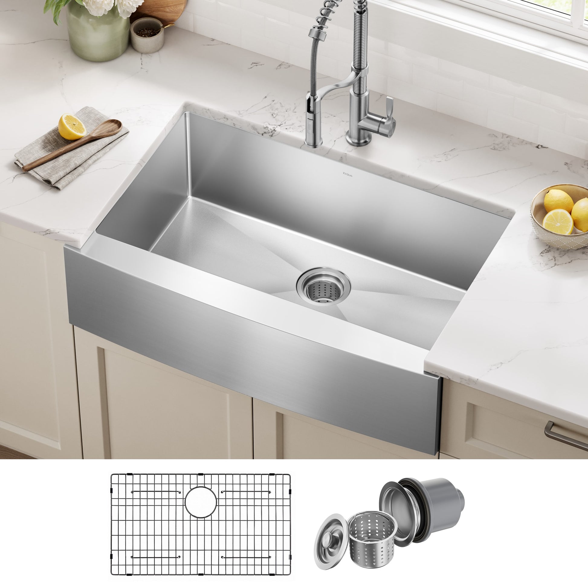 Kraus Standart PRO Farmhouse apron front 33-in x 21-in Stainless steel Single bowl 16 -Gauge Kitchen Sink