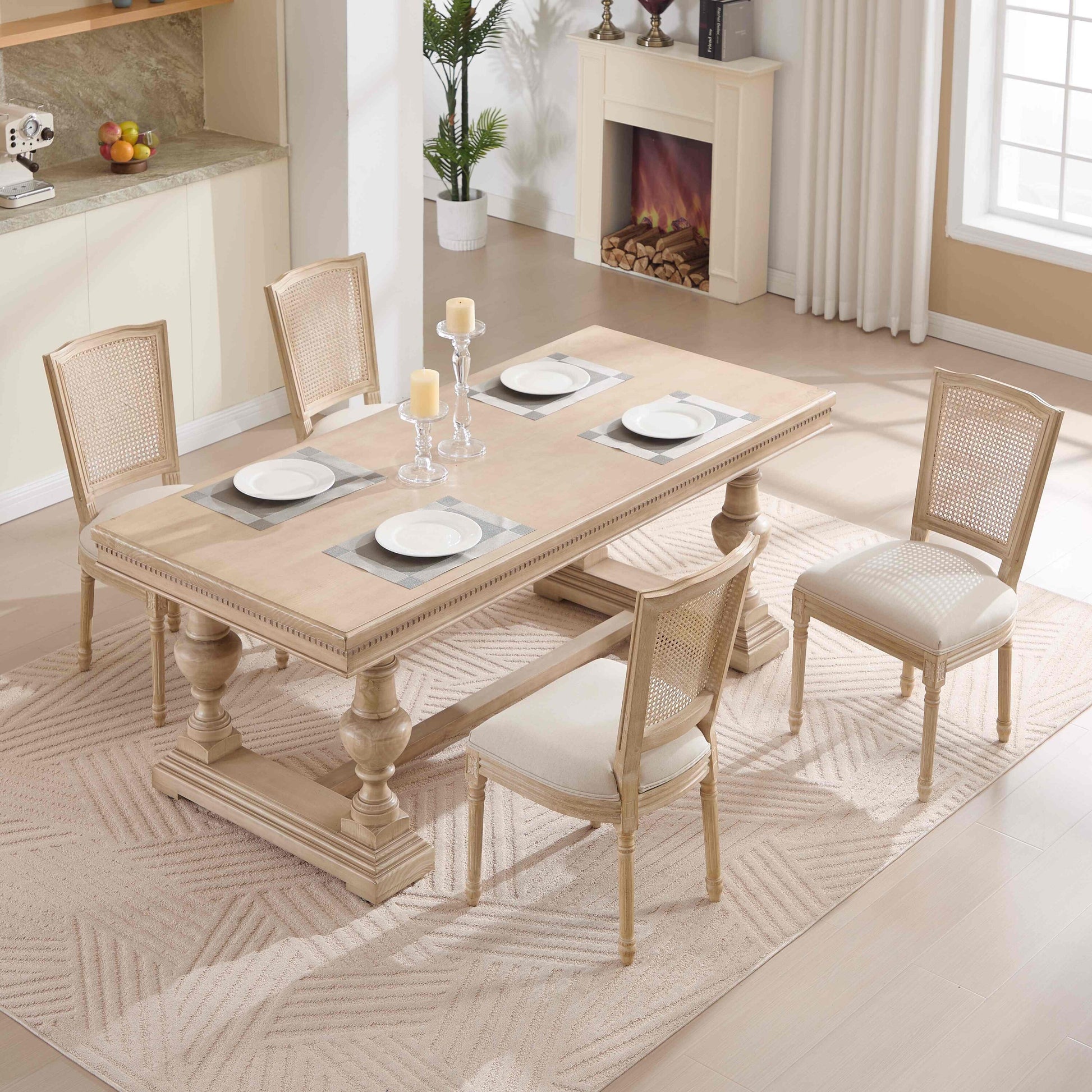 Dexmalle  Set of 2 Beige French Country Dining Chairs with Nature Rattan Back