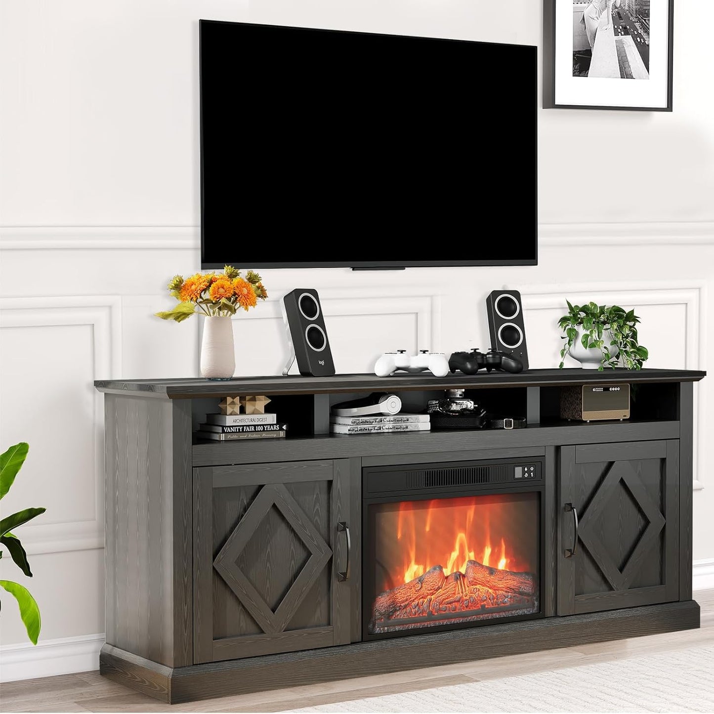 Qeetex 23inch Electric Fireplace 67in Fireplace TV Stand with 3D Flame Electric Fireplace Heater for Living Room