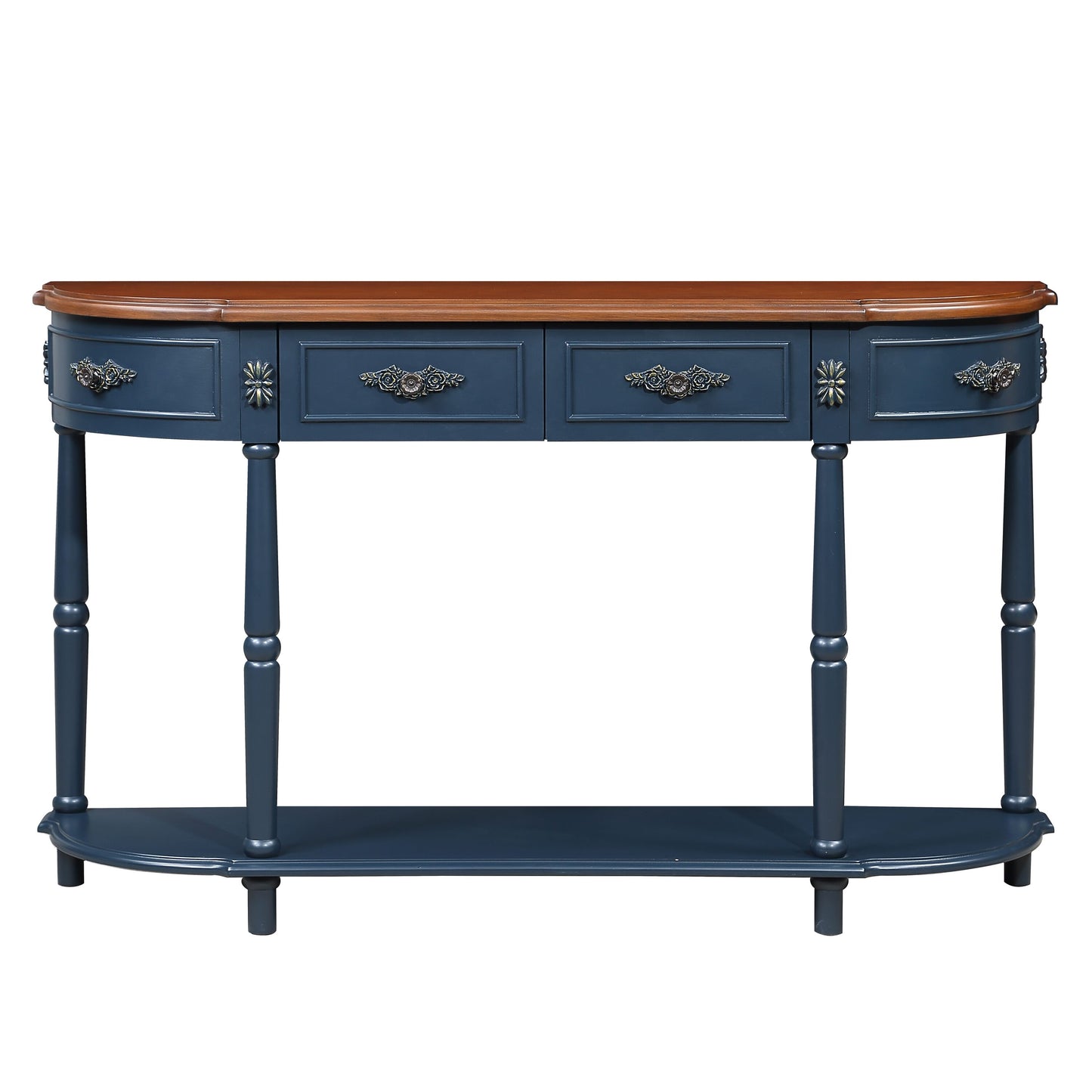 Vynxaria  Retro Curved Wood Console Table 52 inch Circular Half Moon Sofa Table with Open Shelf and 2 Drawers Navy Blue Brown Top
