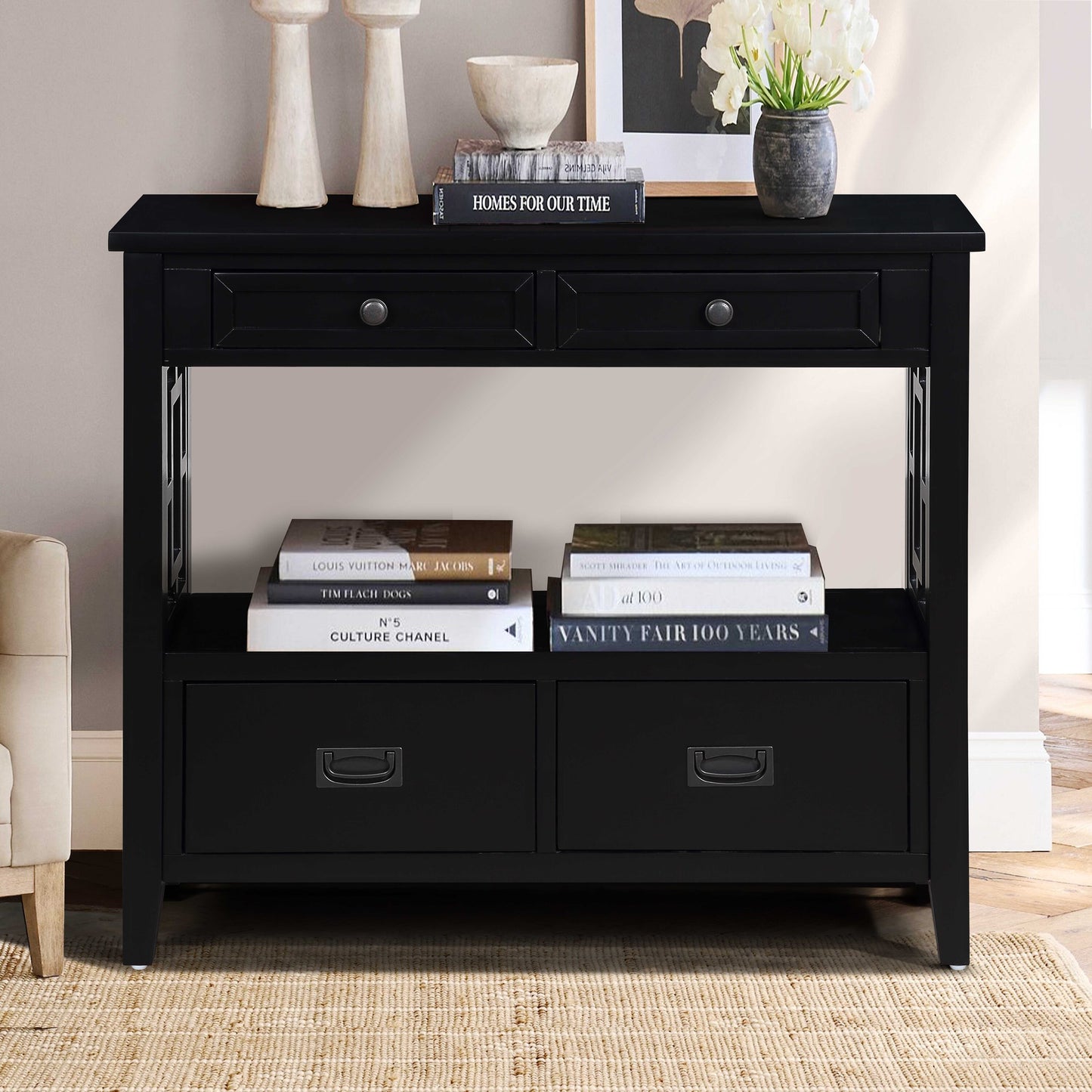 Vynxaria  36in Farmhouse Pine Wood Console Table Entry Sofa Table with 4 Drawers 1 Storage Shelf for Entryway Living Room Bedroom Hallway Black