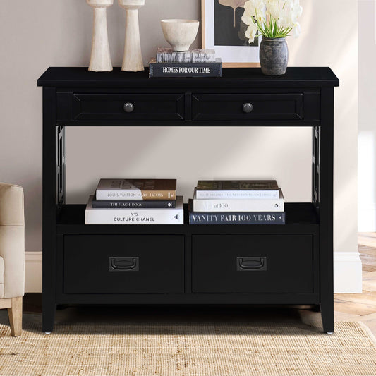 Vynxaria  36in Farmhouse Pine Wood Console Table Entry Sofa Table with 4 Drawers 1 Storage Shelf for Entryway Living Room Bedroom Hallway Black