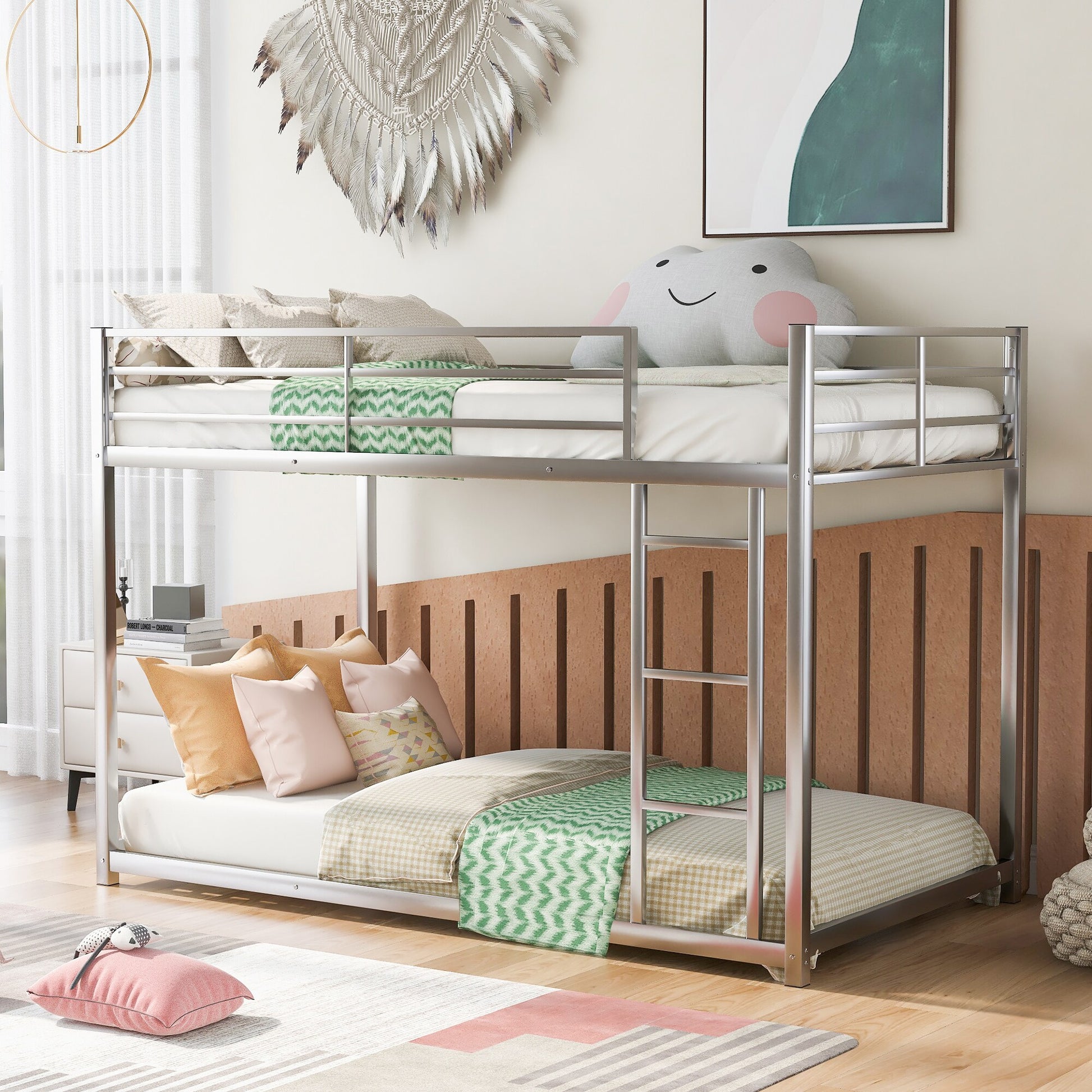LOVMOR Twin over Twin Metal Bunk Bed Low Bunk Bed with Ladder Silver