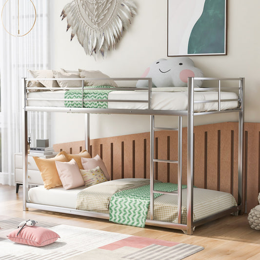 LOVMOR Twin over Twin Metal Bunk Bed Low Bunk Bed with Ladder Silver