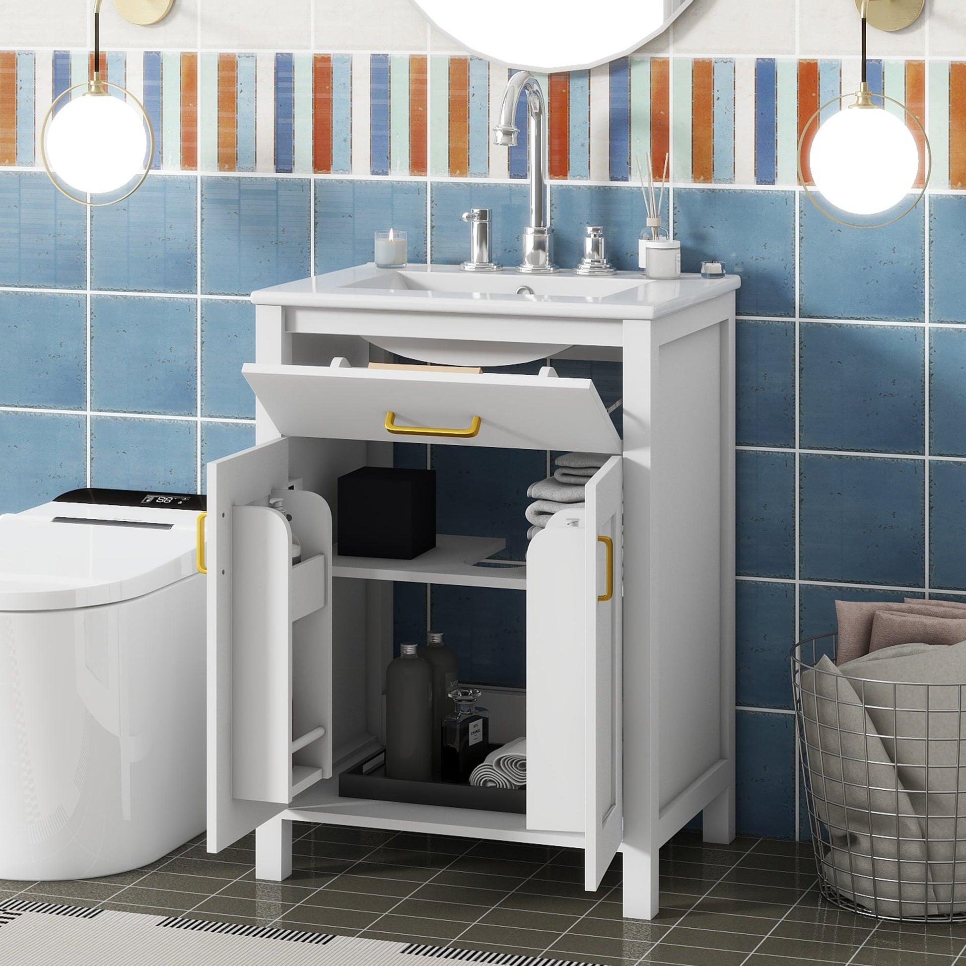 LOVMOR 24InchBathroom Vanity Combo with Ceramic sink Luxurious SpaceSaving Vanity W24InchxD18InchxH34Inchinch 2 SoftClose Doors