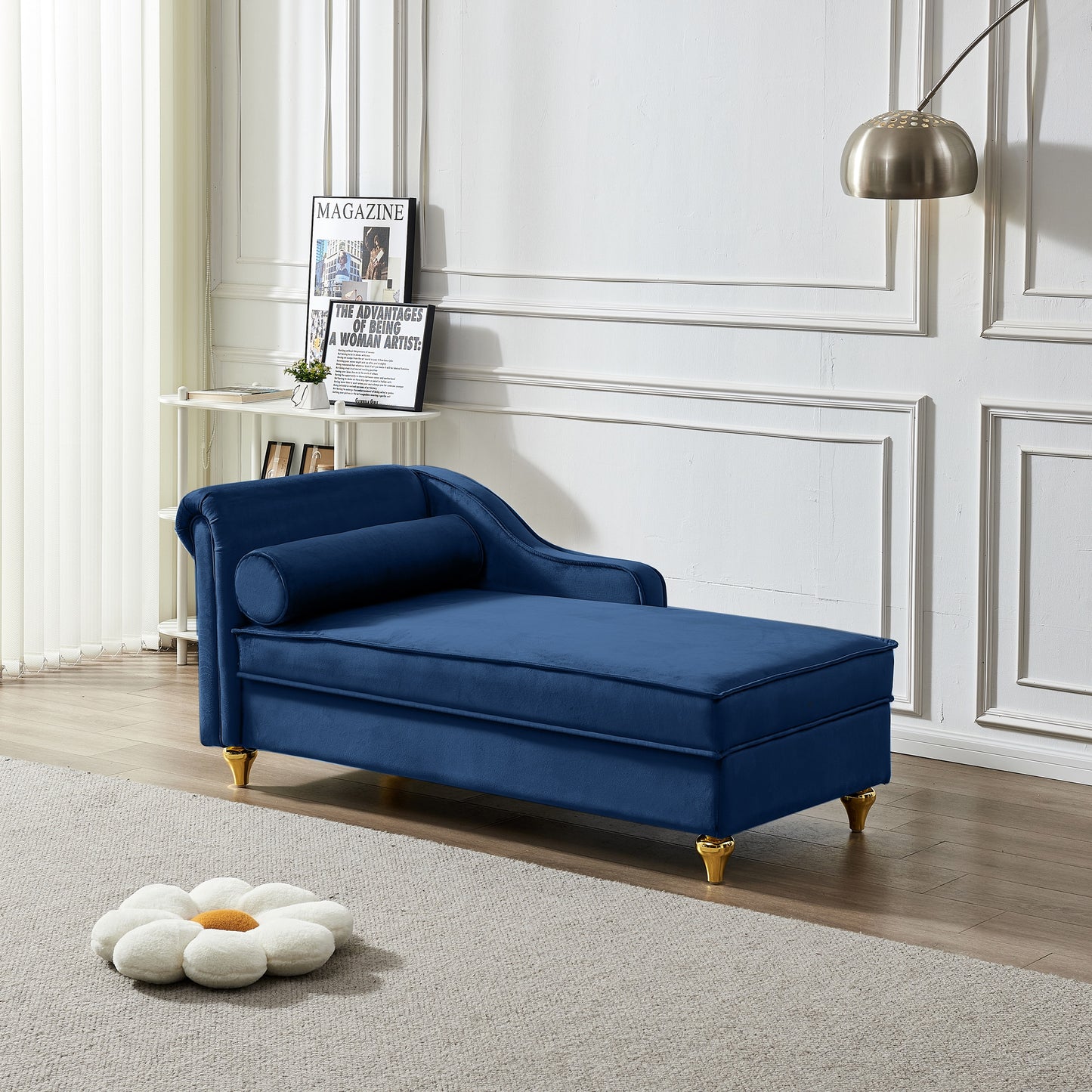 LOVMOR Modern Upholstery Chaise Lounge Chair with Storage Velvet Navy Blue