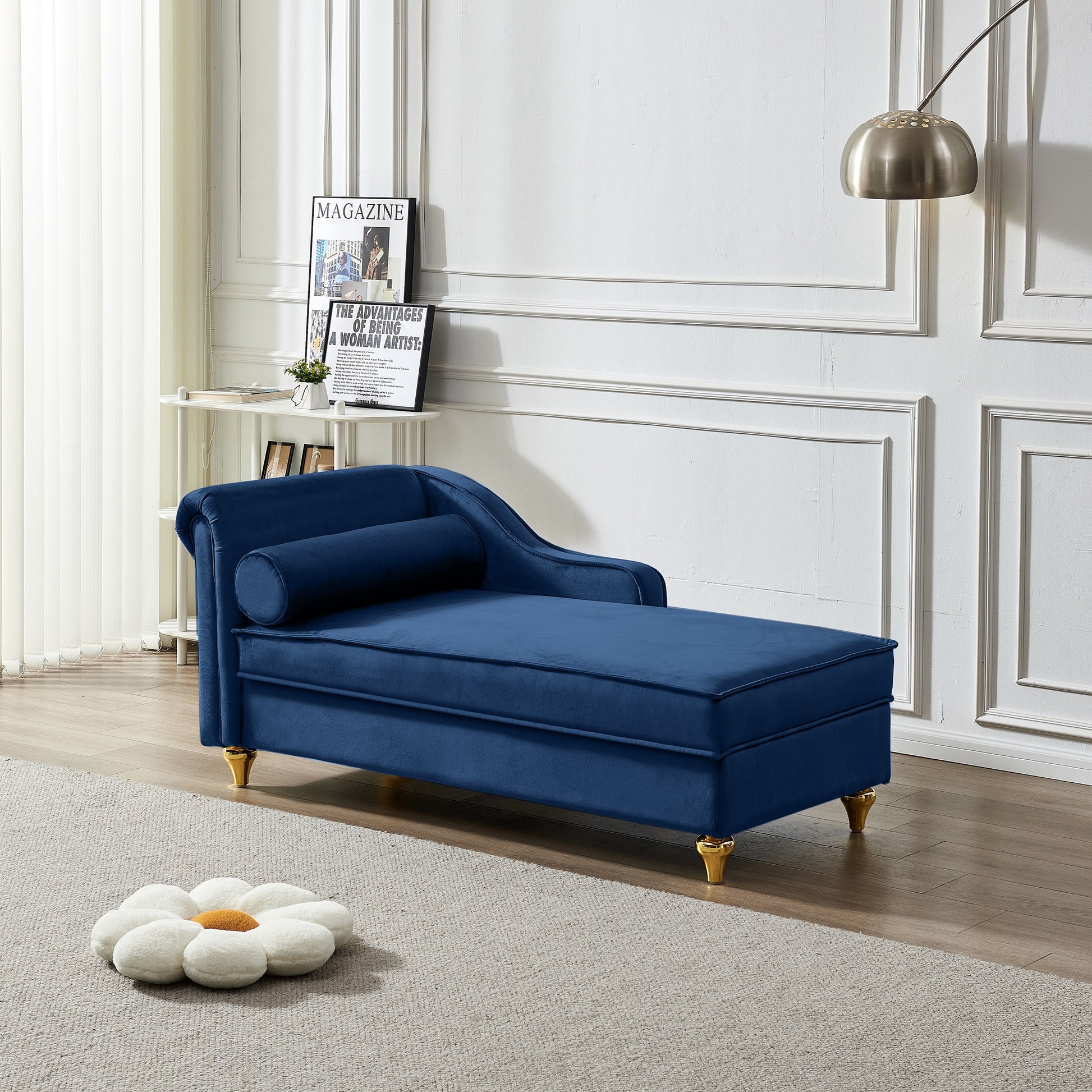 LOVMOR Modern Upholstery Chaise Lounge Chair with Storage Velvet Navy Blue