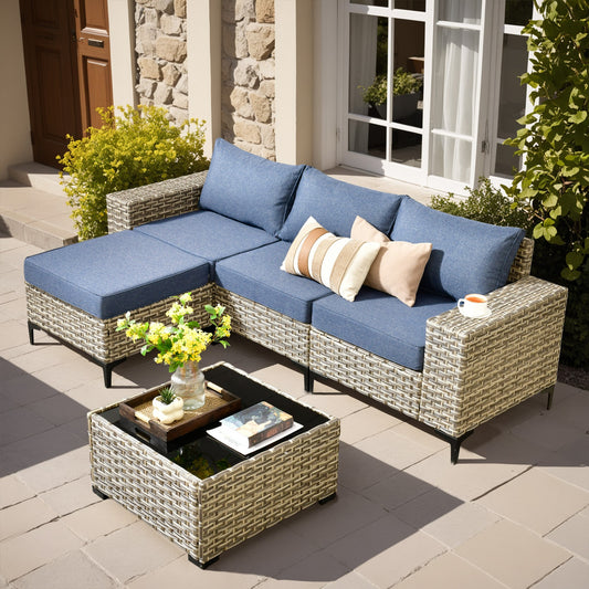 Ovios Rattan Outdoor Sectional with Blue Cushions and Powder-Coated Steel Frame