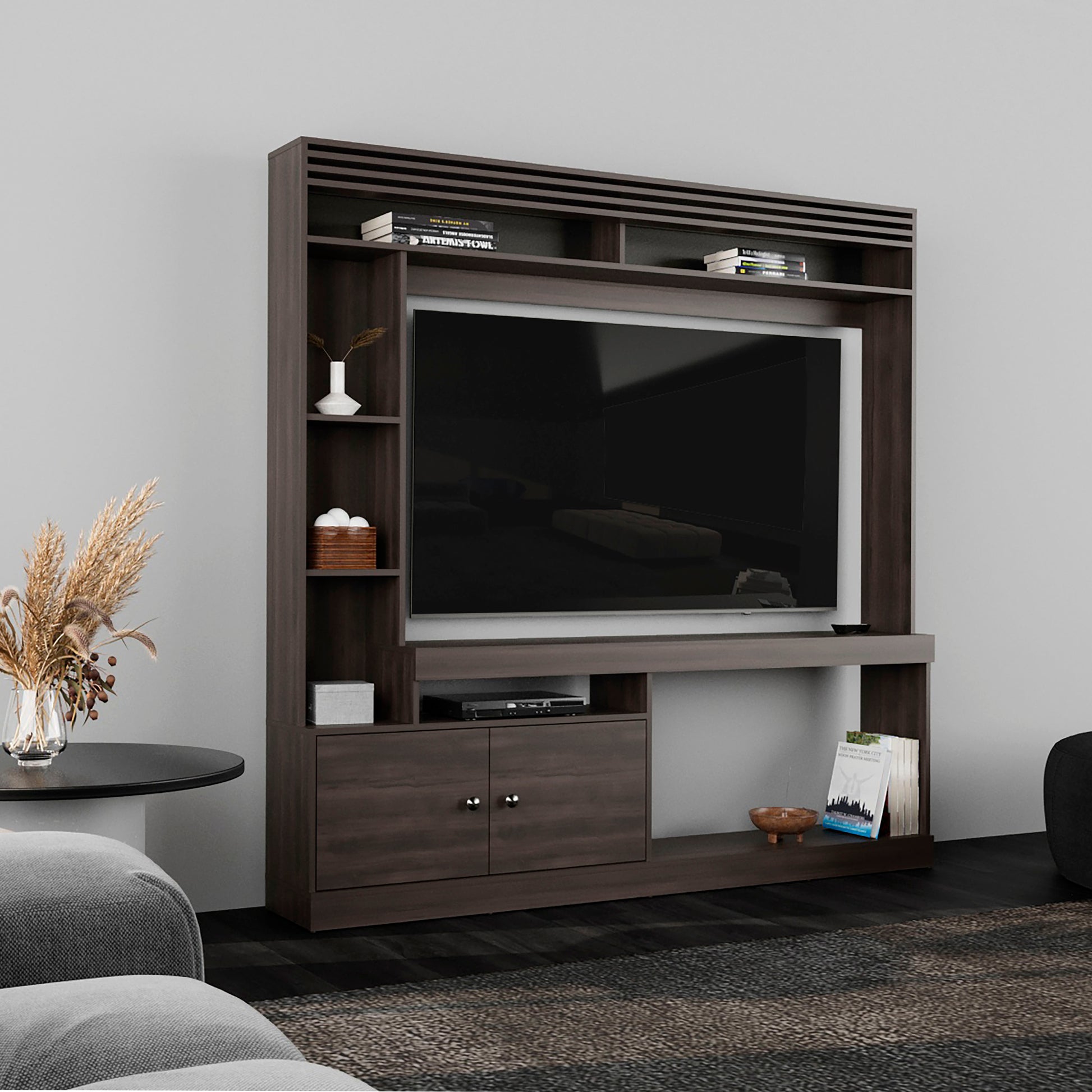 LOVMOR Dante 71 Wide Freestanding Entertainment Center 8 Shelves Bookcase Dark Walnut