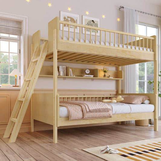 ModernLuxe Twin Size Wooden Bunk Bed with 3 Storage ShelvesLadder can be Changed Left or RightNatural