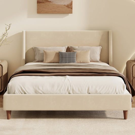 ModernLuxe Modern Beige Velvet Upholstered Platform Bed with Wingback Headboard and Walnut Wooden Legs  Queen Size