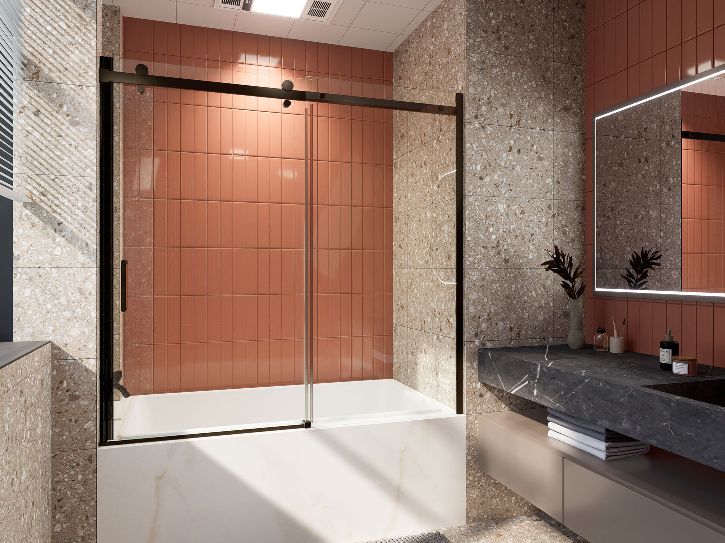 LOVMOR 56-60 in W x 58 in H Mod Semi-Frameless Sliding Bathtub Door in Matte Black with 5/16 in (8mm) Clear Glass