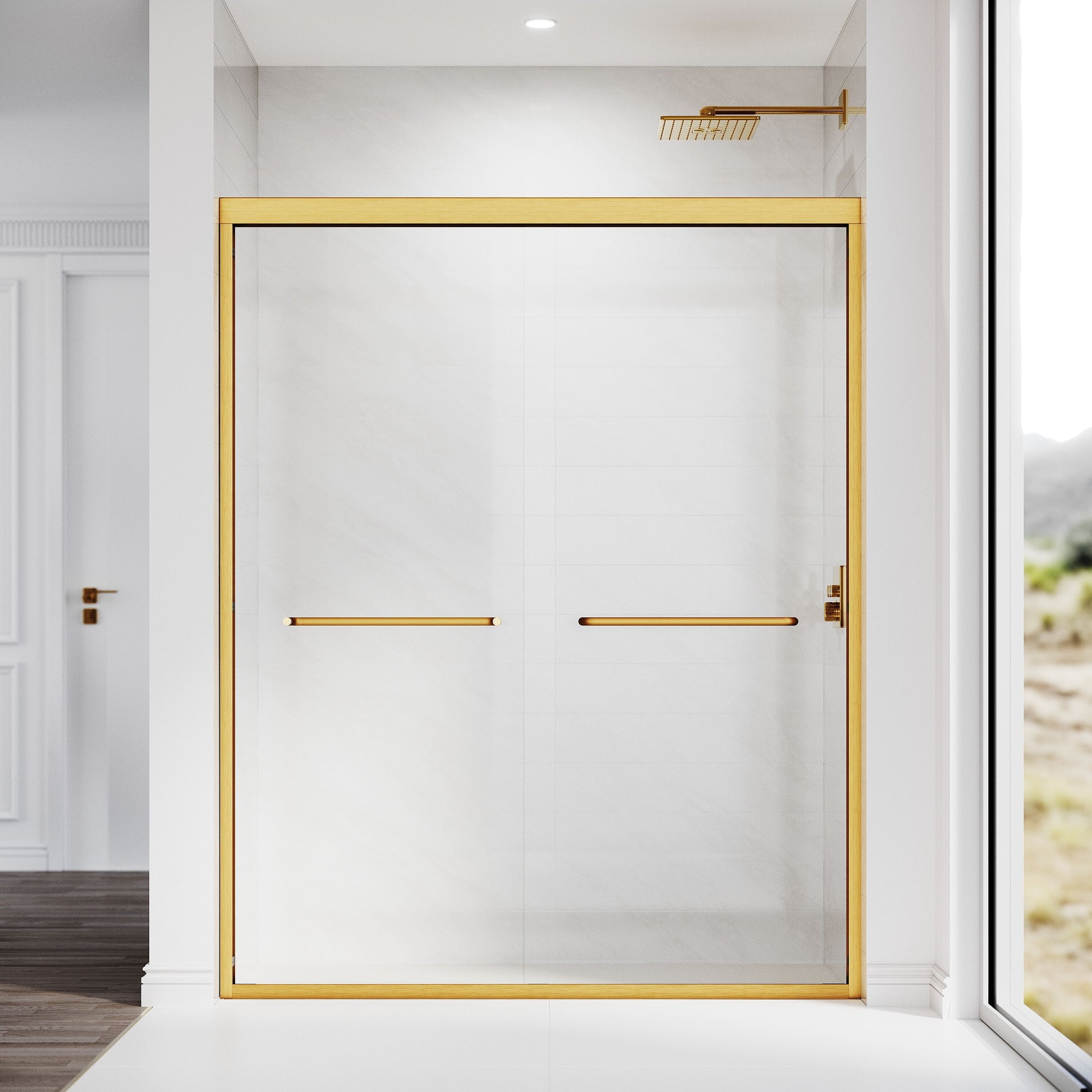 LOVMOR Sliding Shower Glass Door 56-60 in W x 72 in H Adjustable Semi Frameless Shower Door Certified Thick Clear Clear Tempered Glass 304 Stainless Steel Handles Brushed Gold