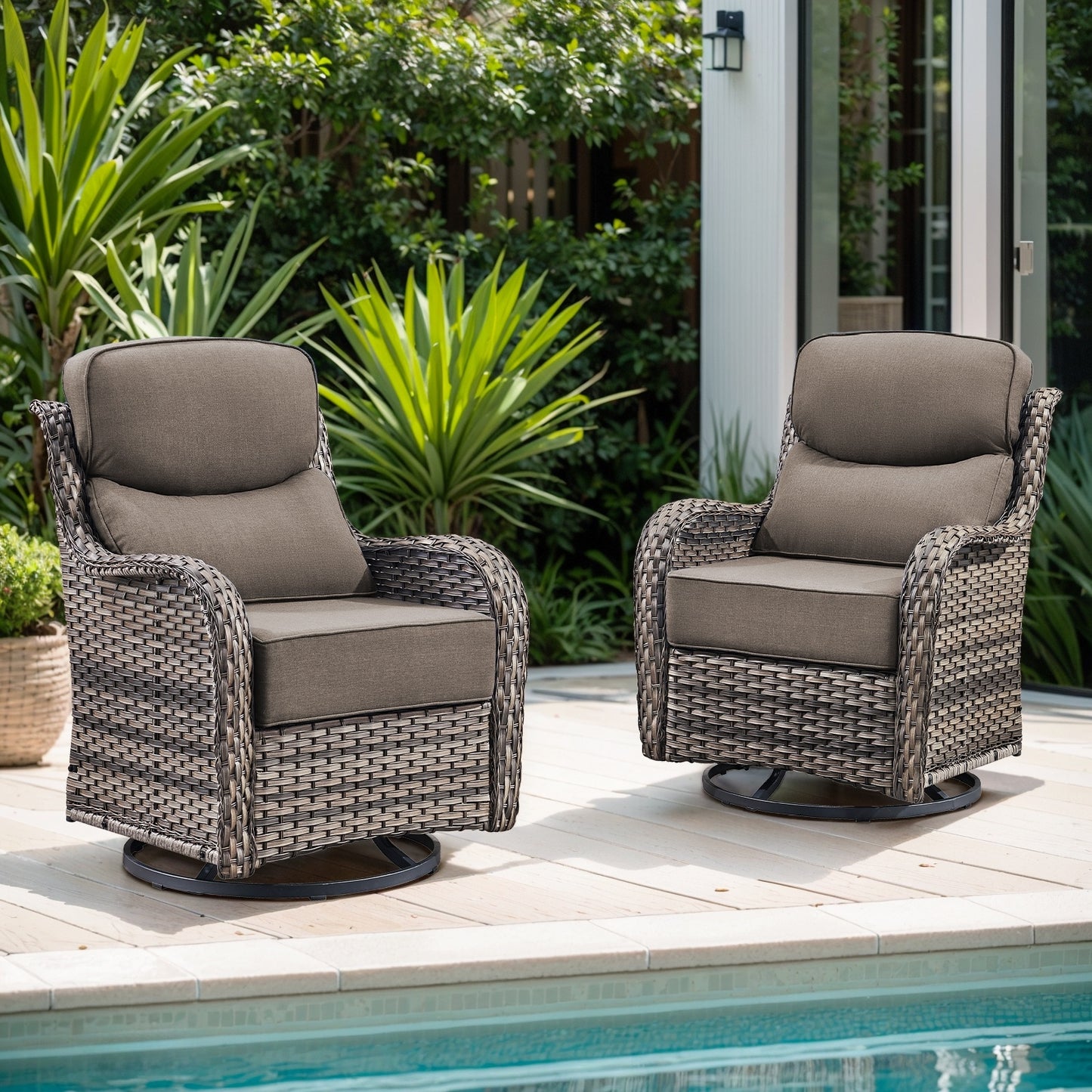 Pocassy Set of 2 Wicker Gray Steel Frame Swivel glider Gray Solid Seat