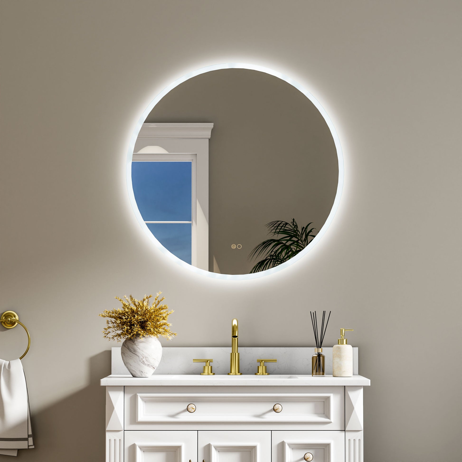 CALVON 32-in x 32-in Polished Frameless Round Dimmable LED Lighted Fog Free Bathroom Vanity Mirror ( Silver )