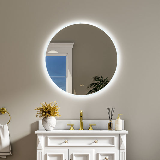 CALVON 32-in x 32-in Polished Frameless Round Dimmable LED Lighted Fog Free Bathroom Vanity Mirror ( Silver )
